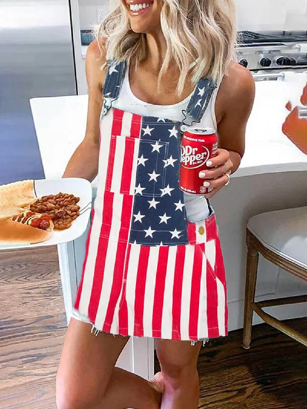 Independence Day Flag Print Graceful Pocket Strap Mini Dress Trendy Cut-Out Mini Dress