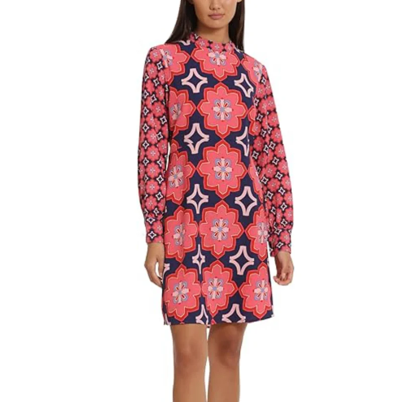 DONNA MORGAN Women's Mock Neck Long Sleeve Floral Print Shift Mini Dress Comfortable Polka Dot Mini Dress