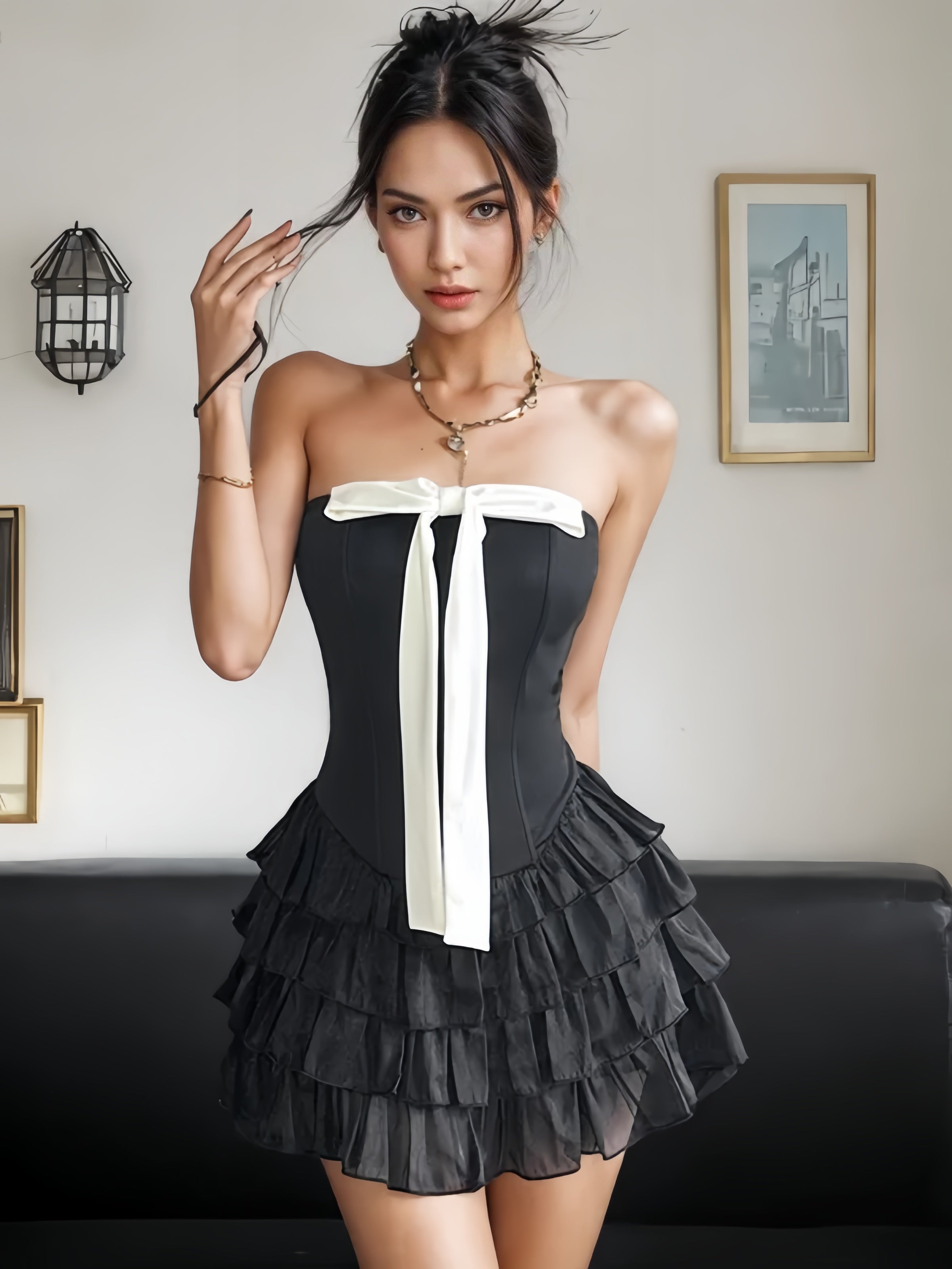 Elegant White Bow Strapless Black Mini Dress Classic Solid Mini Dress