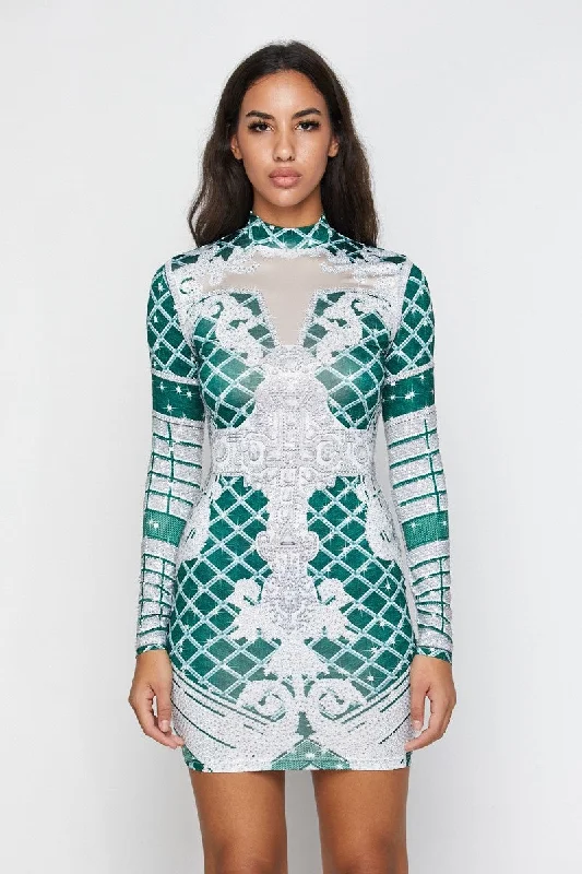 Green Print Long Sleeve Rhinestone Mini Dress Comfortable Boho Mini Dress