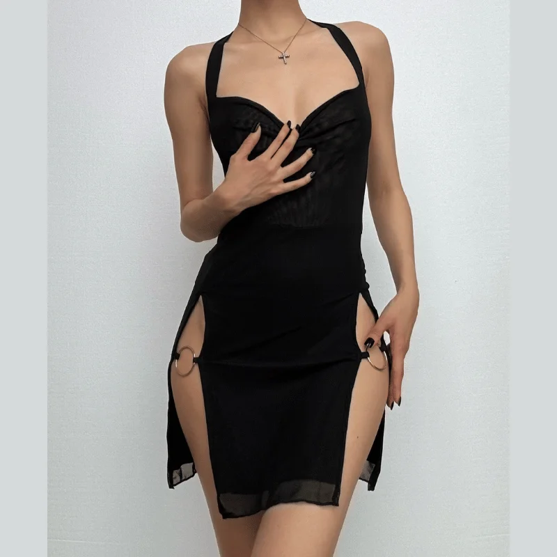 Halter o ring high slit ruffle mesh mini dress Trendy Bodycon Mini Dress