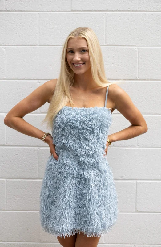 Ice Blue Fuzz Mini Dress Casual High-Waist Mini Dress