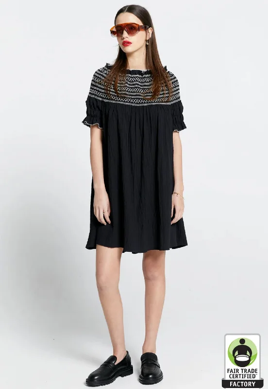 Gaia Smocked Mini Dress - Black/Off White Fashionable Pleated Mini Dress