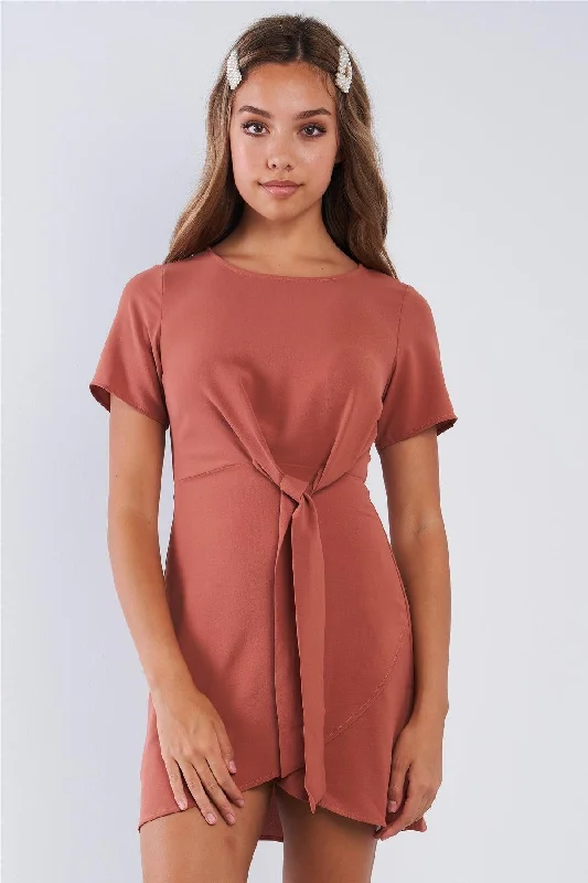 Short Sleeve Knotted Crew Neck Chic Mini Dress Chic Pleated Mini Dress