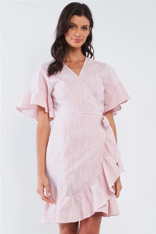 Pastel Pink Deep Plunge V-Neck Ruffle Hem Self-Tie Waist Wrap Mini Dress Elegant Silk Mini Dress