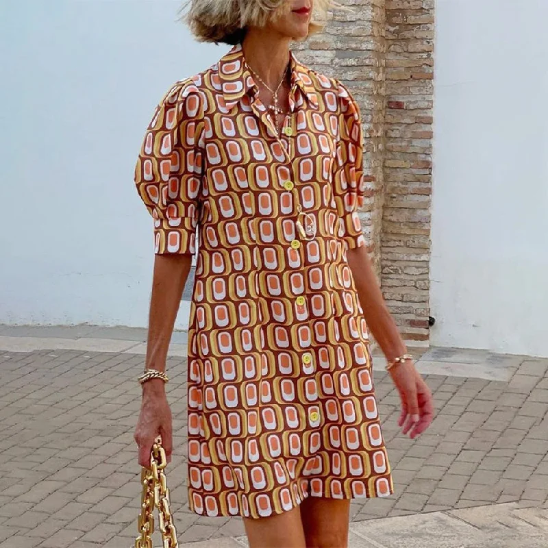 Retro Geometric Print Puffy Sleeve Mini Dress Chic Tropical Mini Dress