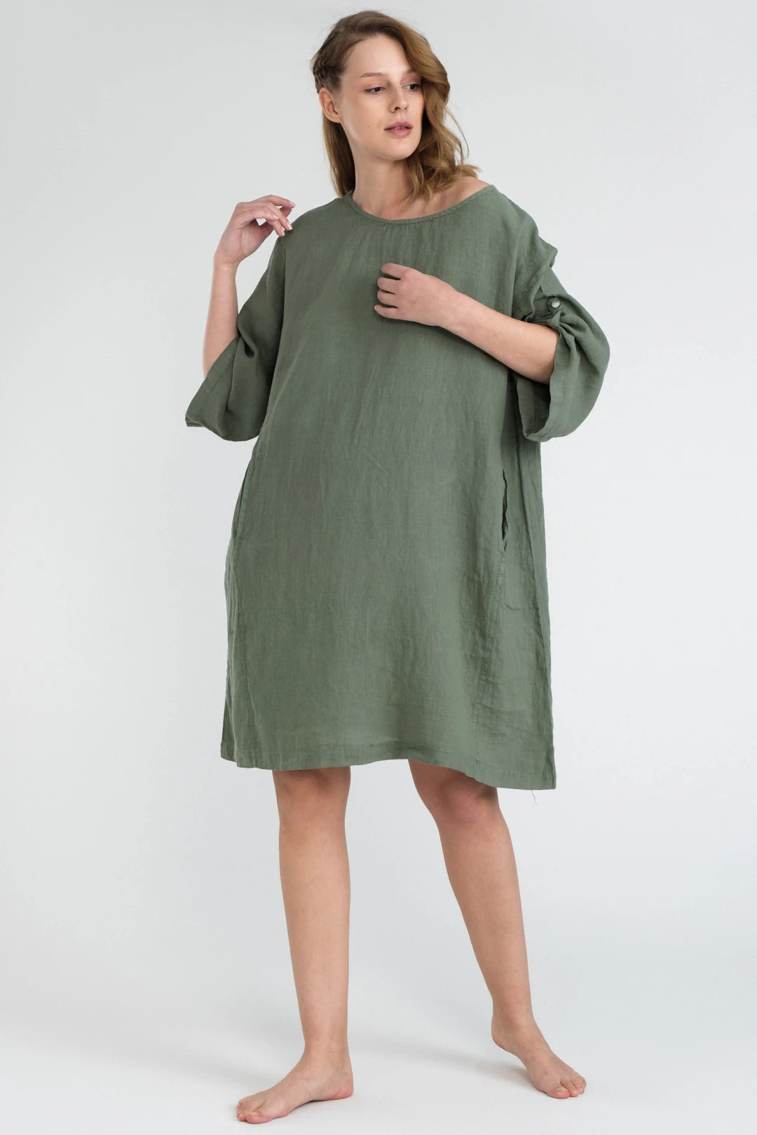 Linen Oversized Mini Dress Sage Green Cozy Cowl Neck Mini Dress