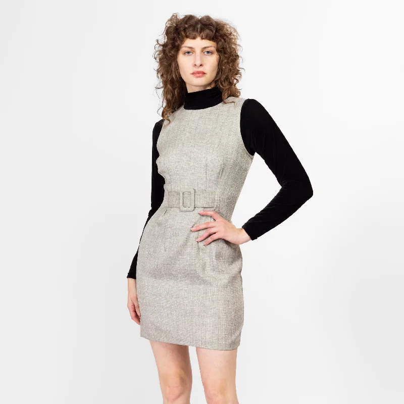 Small 90s Grey Linen Look Belted Mini Dress Cozy Jersey Mini Dress