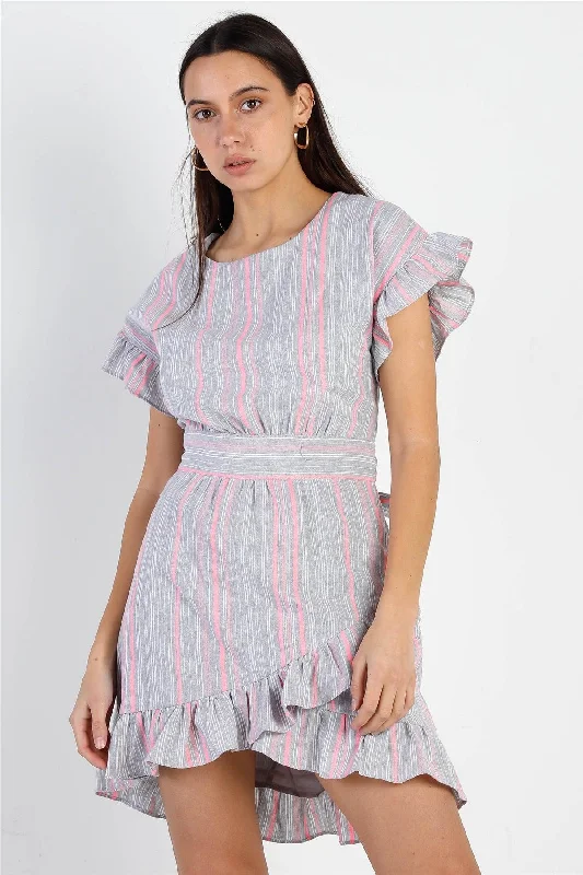 Striped Ruffle Sleeve Flare Hem Self Tie Mini Dress Trendy Crossover Mini Dress