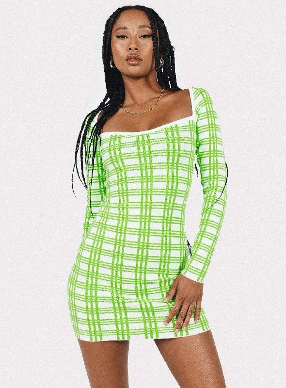 Sybil Long Sleeve Mini Dress Green / White Fashionable Mini Dress with Slits