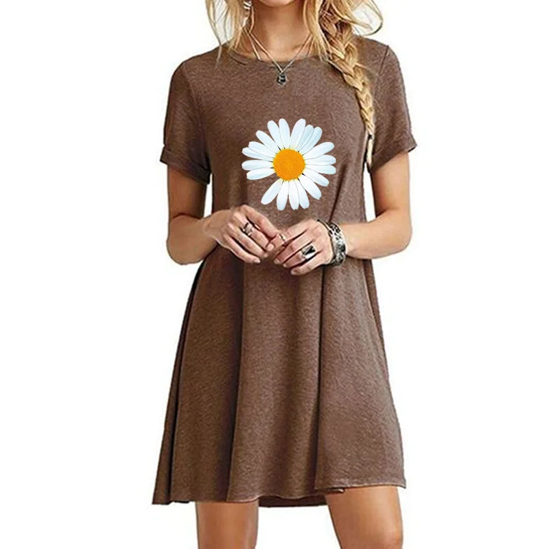 Trending Womens Round Neck Above Knee Length Dress Casual Sexy Printed Mini Dresses Summer Short Sleeve Cool Long T-shirt Chic Mini Dress with V-Neck