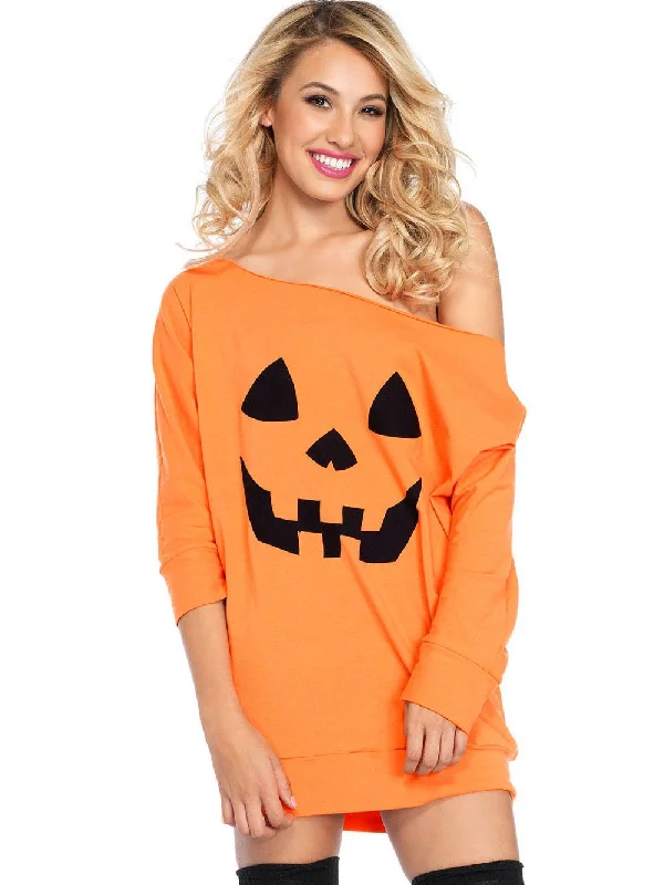 Trick Or Treat Pumpkin Print Cold Shoulder Mini Dress Elegant Satin Lace Mini Dress