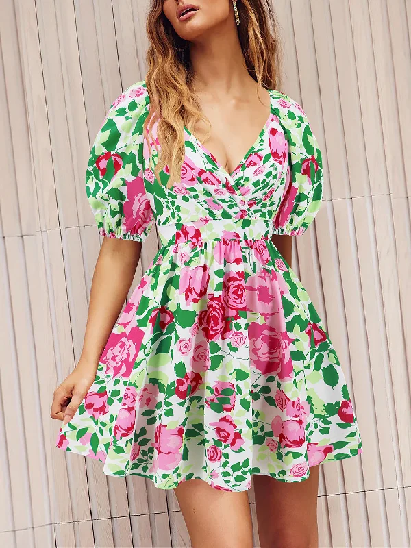 V Neck Flower Print Lantern Sleeve Mini Dress Stylish Floral Print Mini Dress