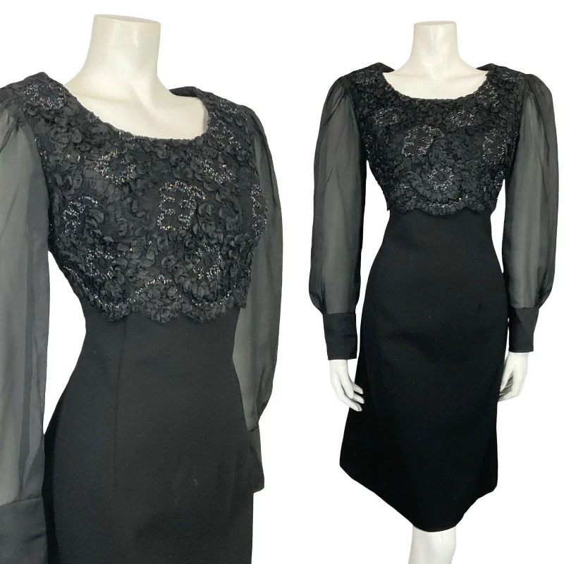 VTG 60S BLACK WOOL MESH BISHOP SLEEVE EMPIRE RIBBON LACE PARTY MINI DRESS 10 12 Chic Sleeveless Mini Dress