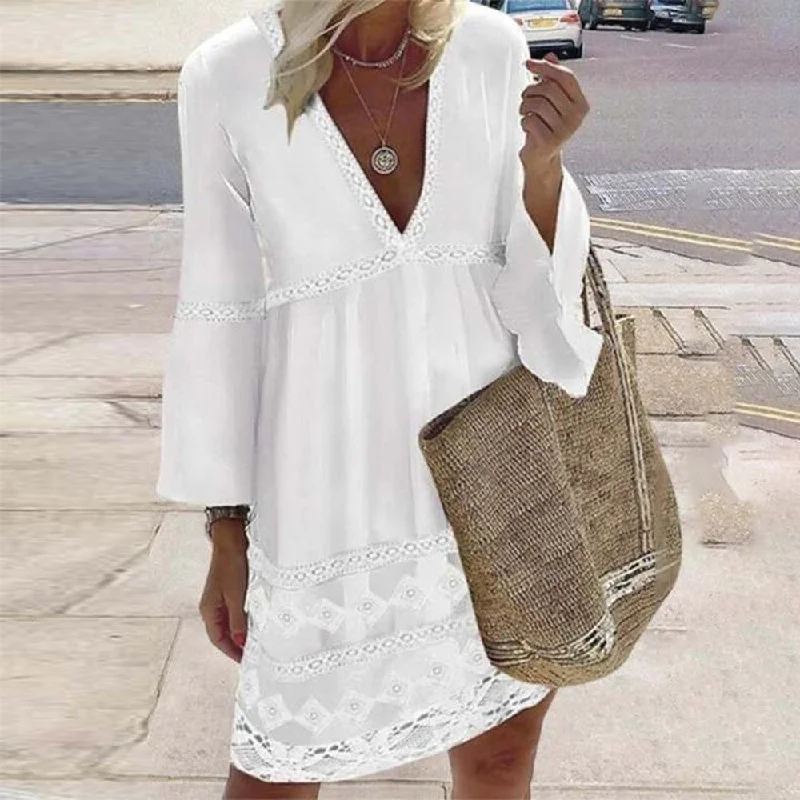 Fresh White Long Sleeve V-Neck Eyelet Mini Dress Trendy Wraparound Mini Dress