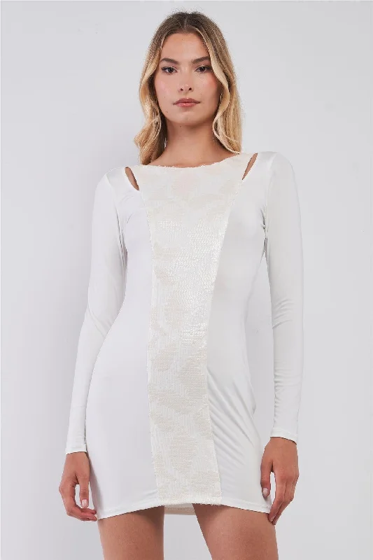 White Sequined Center Front Detail Long Sleeve Mini Dress /2-2-2 Elegant Satin Lace Mini Dress