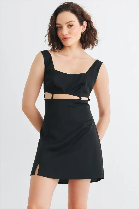 Black Sleeveless Cut-Out Detail Square Neck Back Criss-Cross Mini Dress /1-2-2-1 Cozy Knitted Mini Dress