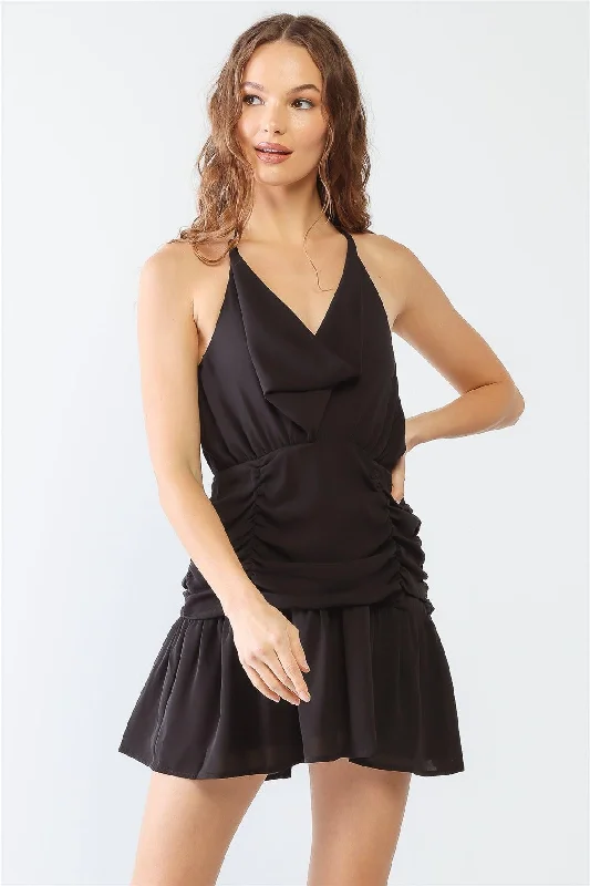 Black Cowl Neck Ruched Strappy Layered Mini Dress /1-2-2-1 Chic Pleated Mini Dress