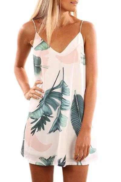 women Leaf Print Mini Dress Classic Solid Mini Dress