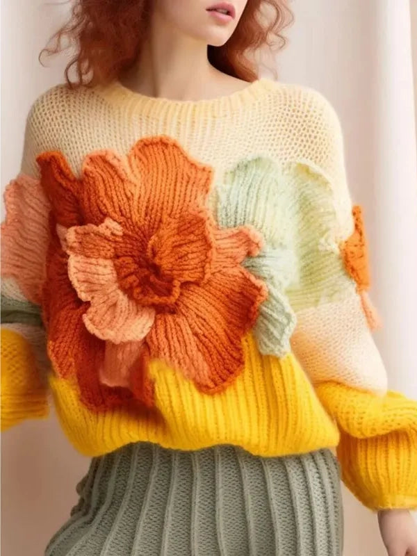 Ashore 3D Flower 4XL Oversized Knitted Sweaters Women Elegant Long Sleeve Loose Pullover Female Vintage Women Clothing Tailored Straight A-Line