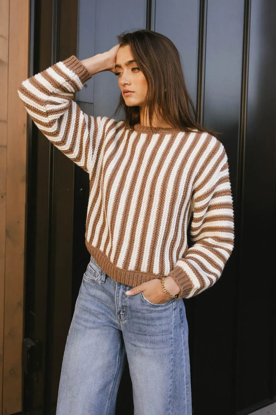 Baila Striped Sweater in Mocha Terry Terry Cloth Terry Knit