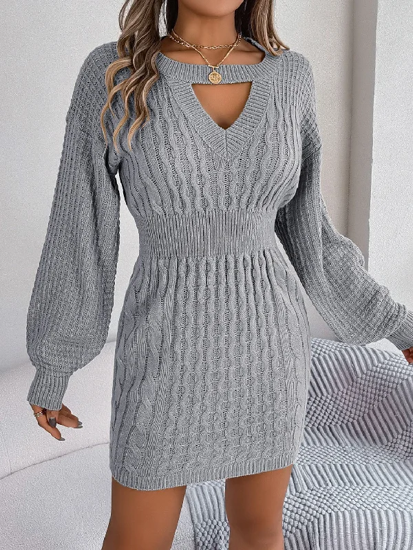 Cable-Knit Cutout Round Neck Slit Sweater Dress Elegant Classic Vintage