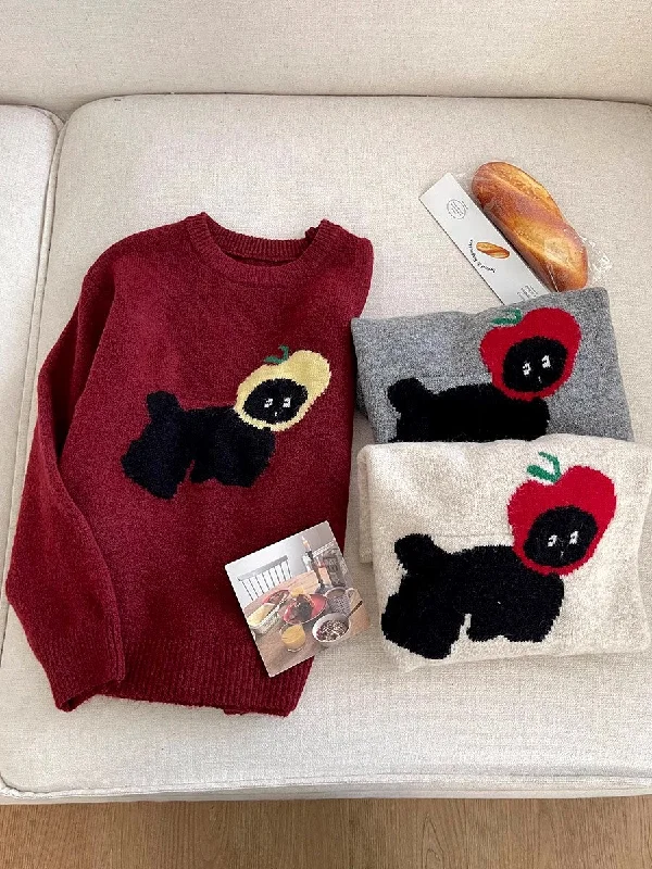 cartoon cute puppy jacquard round neck fashion  knitted sweater    S4771 Fitted Loose Oversized