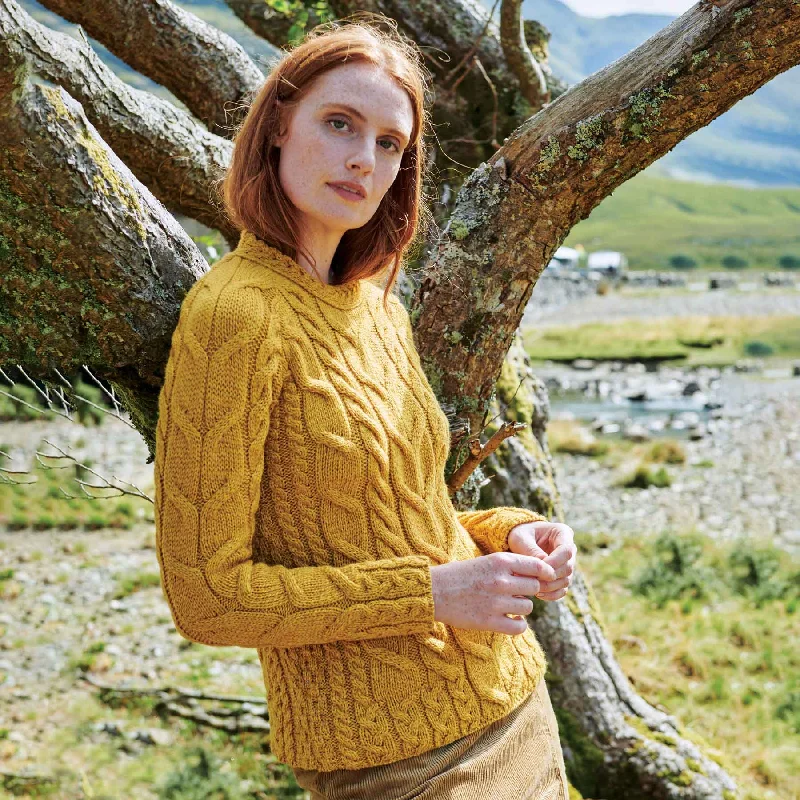 Aran Cable Knit Sweater- Mustard Yellow Wool Fabric Cashmere Fabric Tweed Fabric