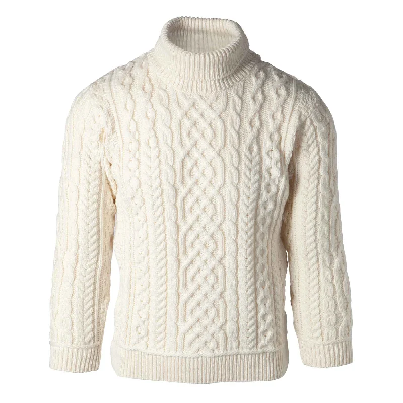 Turtleneck Aran Knit Sweater- Cream Bright Pastel Dark