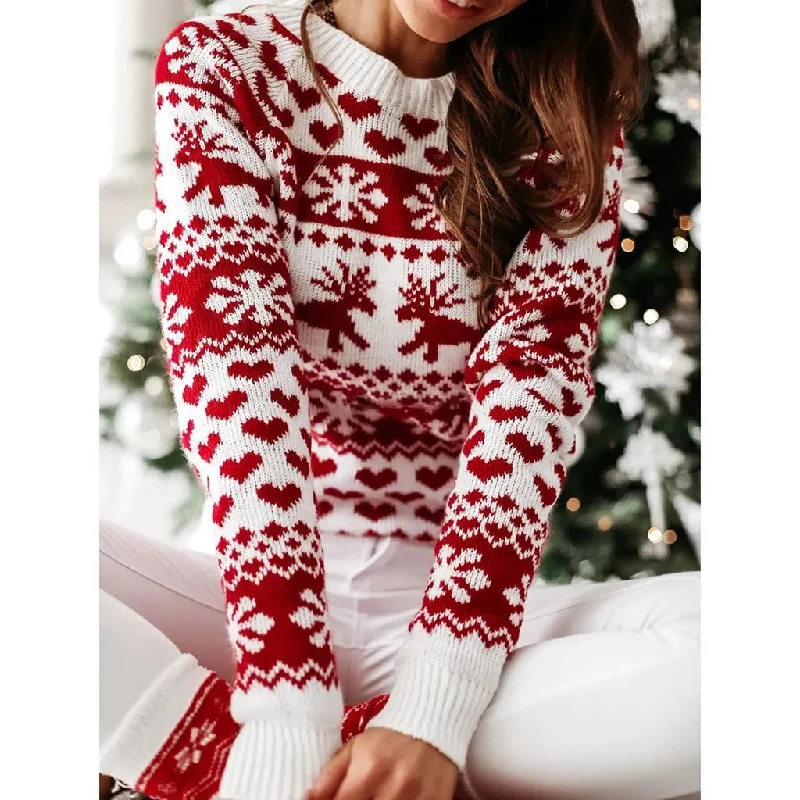 Christmas Sweater Long Sleeve Print Pullover Knitted Casual Satin Blend Silk Blend Wool Blend