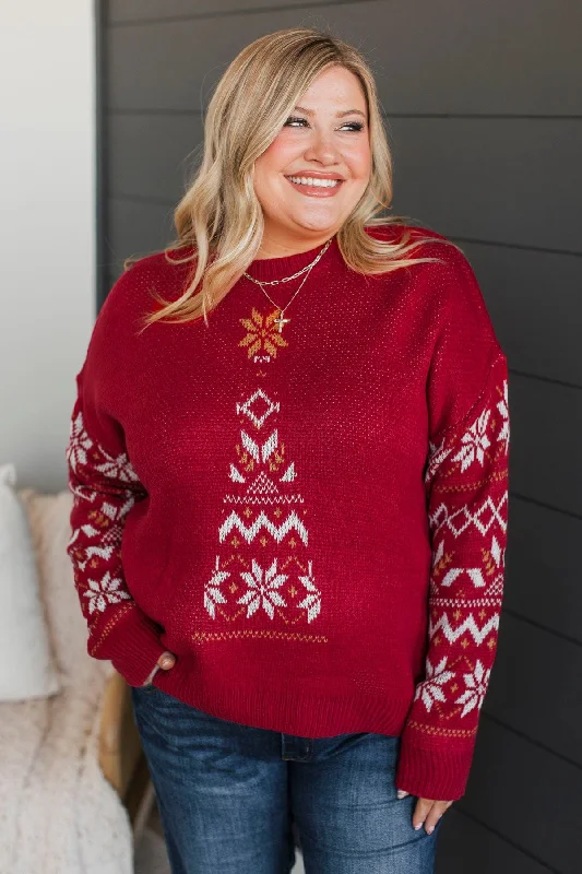 Countdown To Christmas Knit Sweater- Red Chenille Brocade Lace