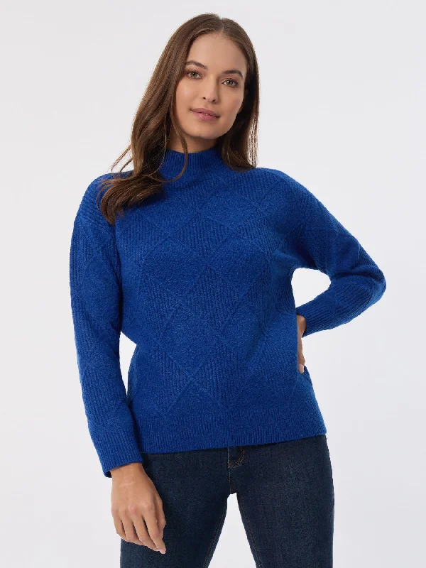 Diamond Stitch Mock Neck Sweater Front Pockets Side Pockets Patch Pockets