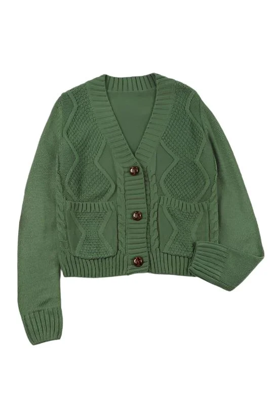 Green Pocket Button Cable Cropped Sweater Cardigan Modern Contemporary Chic