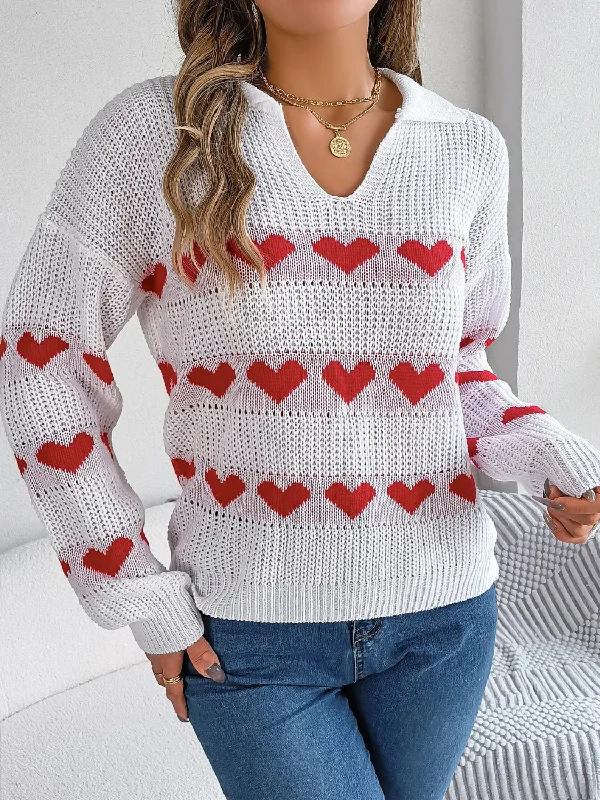 Heart Johnny Collar Long Sleeve Sweater Embroidered Appliqued Beaded