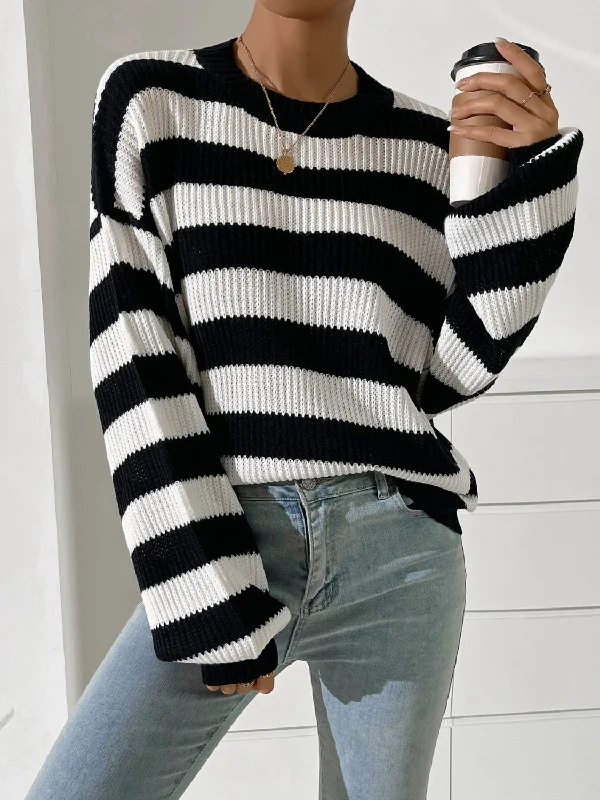 Honey Striped Round Neck Long Sleeve Sweater Plaid Sweater Polka Dot Checkered