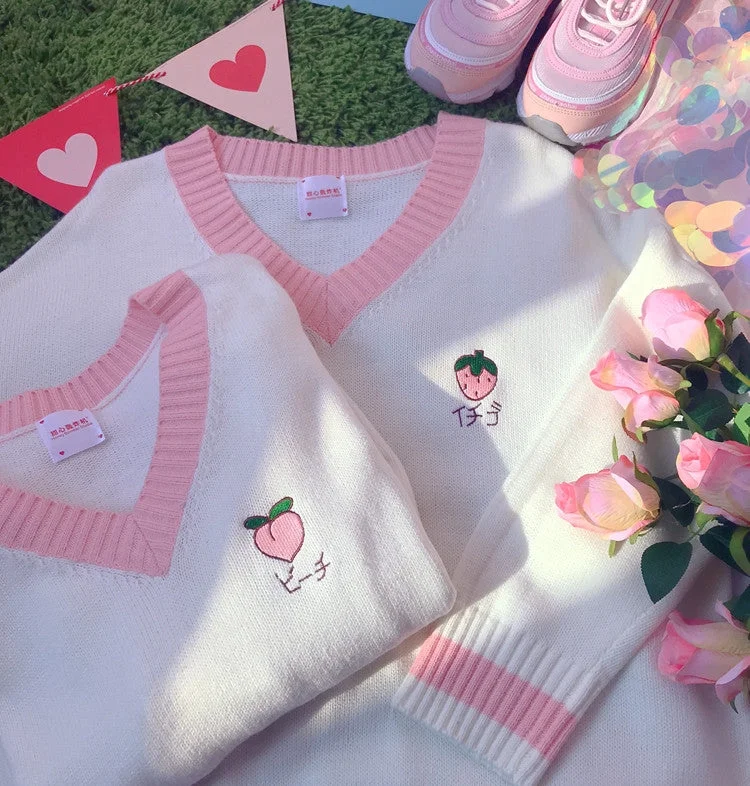 Kawaii Peach Strawberry Embroidery Sweater yv40526 High Neck Crew Neck V-Neck