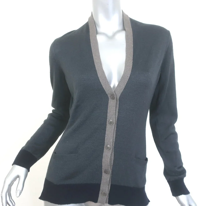 Loro Piana Colorblock Cardigan Dark Gray Cashmere-Silk Size 40 V-Neck Sweater Neon Metallic Matte