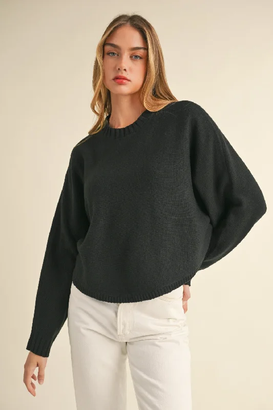 Mable Round Neck Dolman Sleeve Cropped Sweater In Black Soft Cozy Warm