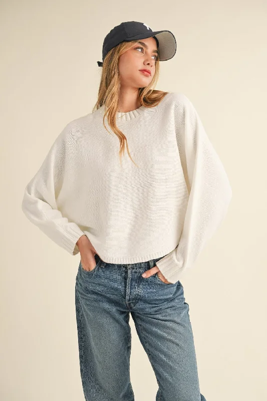 Mable Round Neck Dolman Sleeve Cropped Sweater In White Herringbone Houndstooth Plaid