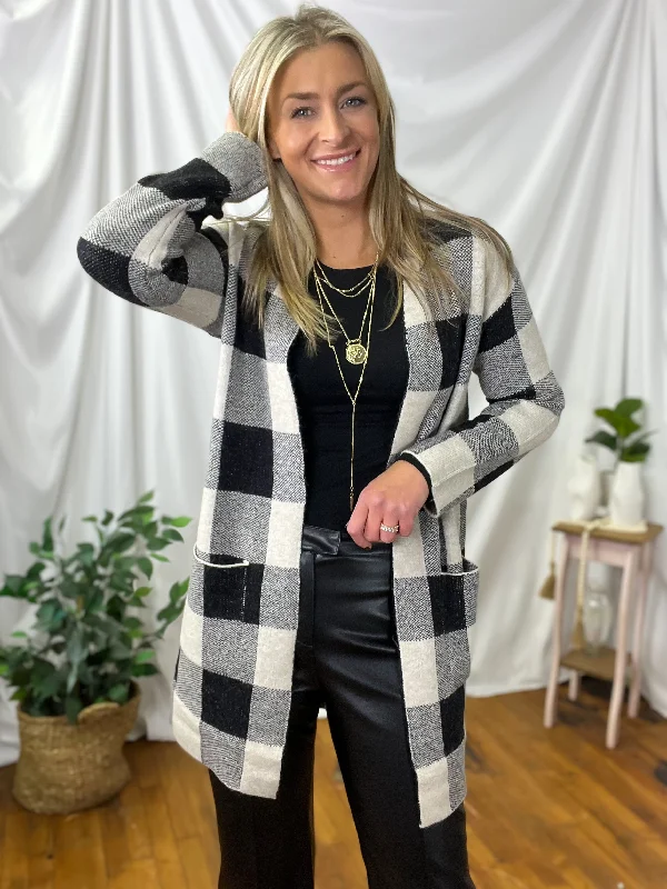 Oatmeal Black Check Print Open Jacquard Sweater Cardigan Collared Crew Neck Turtle Neck