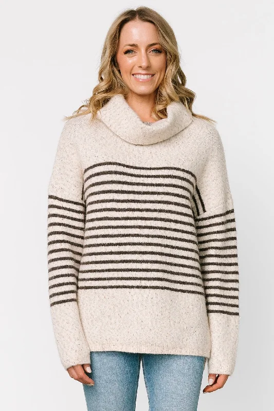 Pennington Turtleneck Sweater | Cream Multi Stripe Hooded Caped Shawl Collar