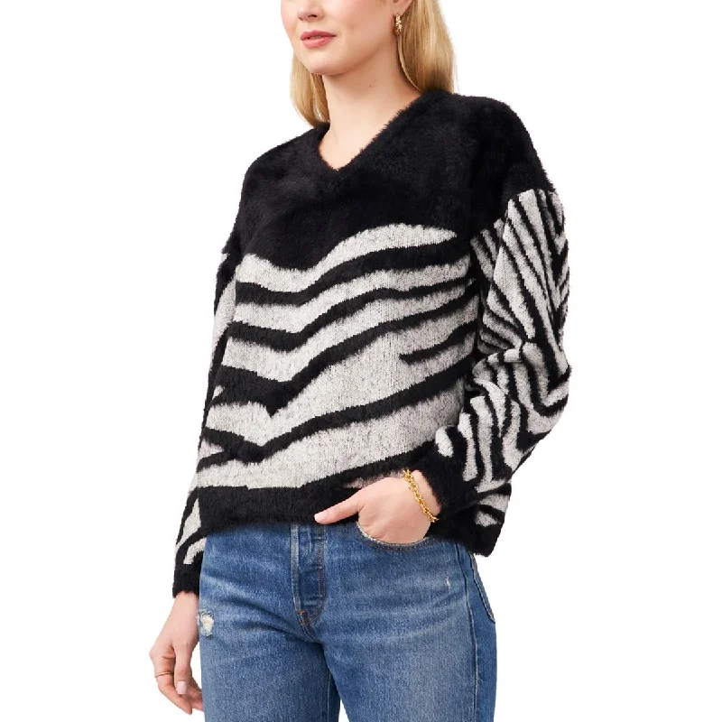 Sam and Jess Womens Faux Fur V-Neck Sweater Graphic Sweater Embroidered Appliqued