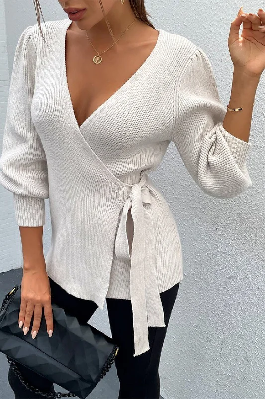 Sexy V Neck Balloon Sleeve Ribbed Wrap Knit Pullover Sweater Elasticated Padded Insulated