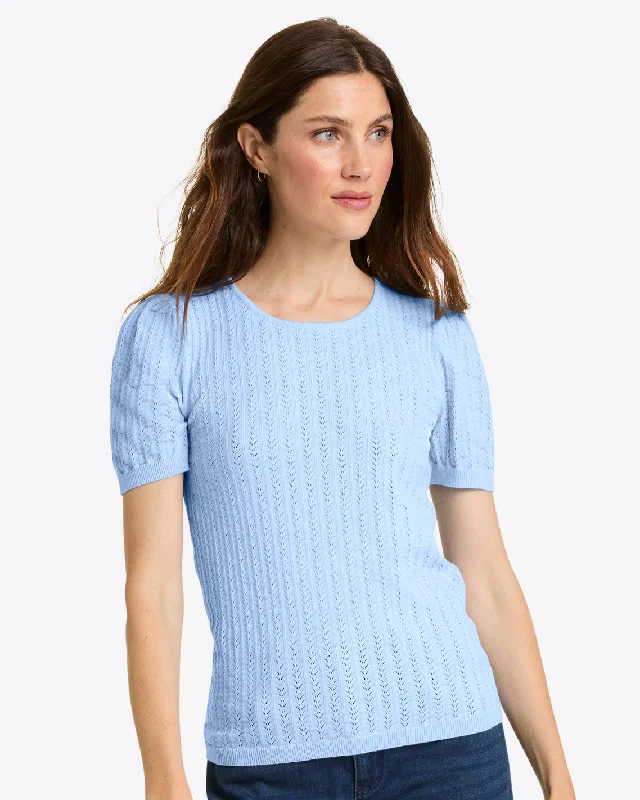 Short Sleeve Sweater in Blue Pointelle Terry Terry Cloth Terry Knit