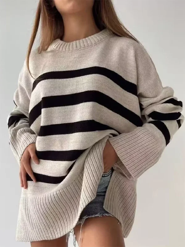 Slit Striped Round Neck Sweater Ribbed Striped Patterned