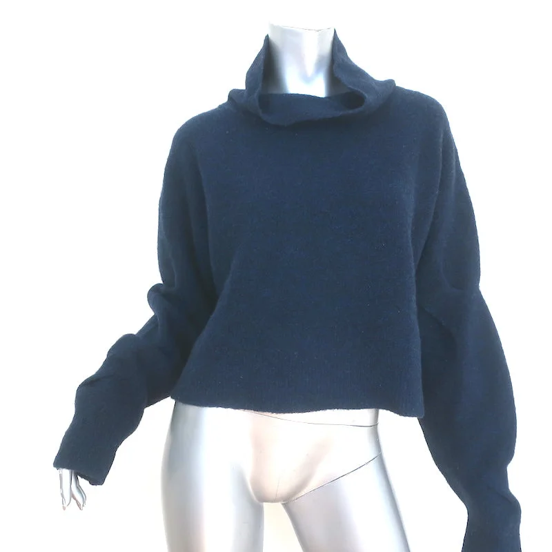 T by Alexander Wang Cowl Neck Cropped Sweater Navy Stretch Wool Size Large Machine Wash Dry Clean Hand Wash