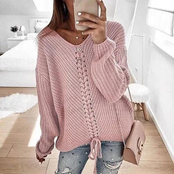 Women Patchwork Knitted Pullover Sweater Toggled Drawstring Belted