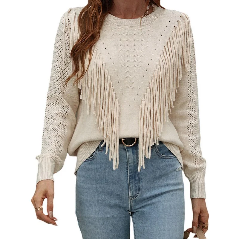 Women Tassels Autumn Sweaters Mesh Fabric Canvas Fabric Denim Fabric