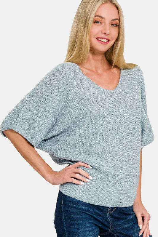 Zenana V-Neck Short Sleeve Dolman Sweater Elasticated Padded Insulated