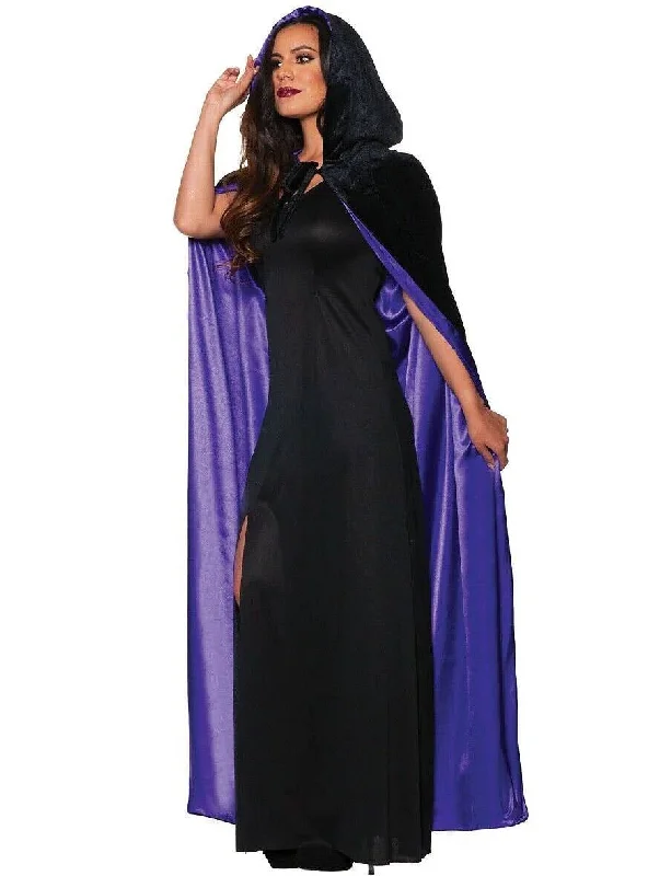 Hooded Black Crushed Velvet Costume Cape with Purple Satin Lining Hoodie with Lace Feminine Delicate